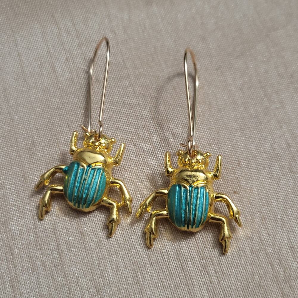 Gold and teal tone scarab beetle earrings with French hooks